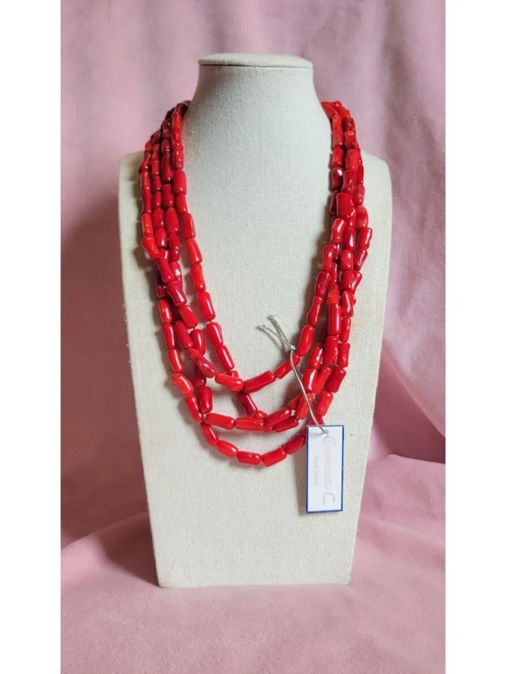 NWT Gemma C New York Layered Red Coral Long Beaded 925 Silver Necklace N1A